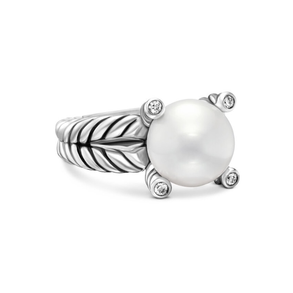 David Yurman Cable Classics Pearl Diamond Ring Sterling Silver 925 Size 6